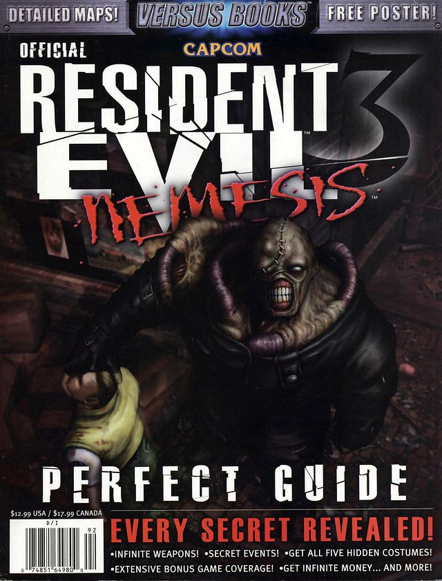 Cover of the official Resident Evil 3: Nemesis strategy guide by Versus Books, featuring the monstrous Nemesis looming over a terrified man in a dimly lit corridor. The Nemesis has pale skin, exposed teeth, and wears a black leather outfit with tubes running along its body. The title is displayed in large, cracked white letters with “Nemesis” written in jagged red text. Prominent text includes “Perfect Guide” and “Every Secret Revealed!” with bullet points advertising infinite weapons, secret events, and hidden costumes. The tone is intense and horror-themed.