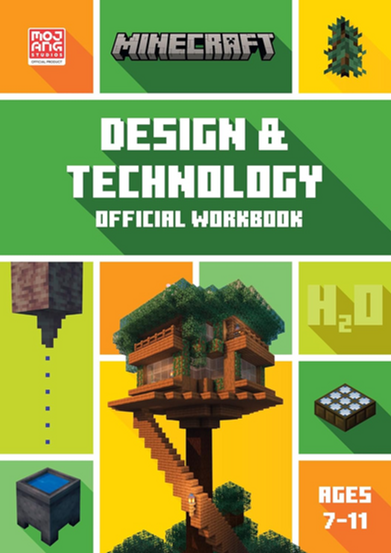 The cover features a bright green Minecraft-themed layout with a clean grid of colorful square panels. At the top are the Mojang Studios logo, the iconic “MINECRAFT” title in its blocky pixel font, and a small pixel-art tree icon. Centered prominently is bold white text with a long shadow reading “DESIGN & TECHNOLOGY OFFICIAL WORKBOOK.” The grid includes various themed icons such as H₂O text, a crafting table, a cauldron filled with water, and a dripping block, reinforcing design and building concepts. Dominating the center is a detailed Minecraft treehouse structure built high above the ground, with wooden platforms, glass windows, and a staircase leading up through the trunk. The bottom right displays the age range “AGES 7–11.” The overall design blends creativity, construction, and environmental elements with recognizable Minecraft visuals, creating an engaging educational cover.