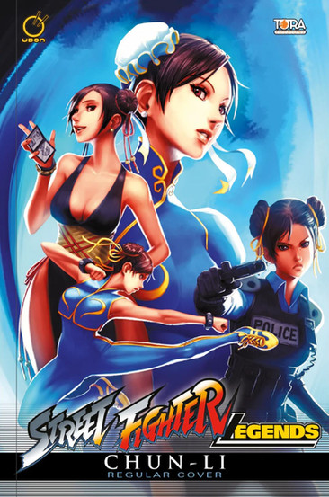A polished comic-style cover for “Street Fighter V Legends: Chun-Li,” labeled “Regular Cover,” featuring multiple dramatic illustrations of Chun-Li against a glowing blue background. The largest image is a close-up profile of Chun-Li in her classic blue-and-gold outfit with white hair ribbons, looking determined toward the right. On the left, another version of Chun-Li wears a dark sleeveless outfit and holds a smartphone while smiling, and near the lower center a smaller action pose shows her kicking in a flowing blue dress. On the right, Chun-Li appears in a dark police uniform and tactical vest, holding a handgun with a stern expression. The bottom contains the bold “Street Fighter V Legends” logo, followed by large white “CHUN-LI” text and smaller “REGULAR COVER” lettering, while the upper corners show the Udon logo