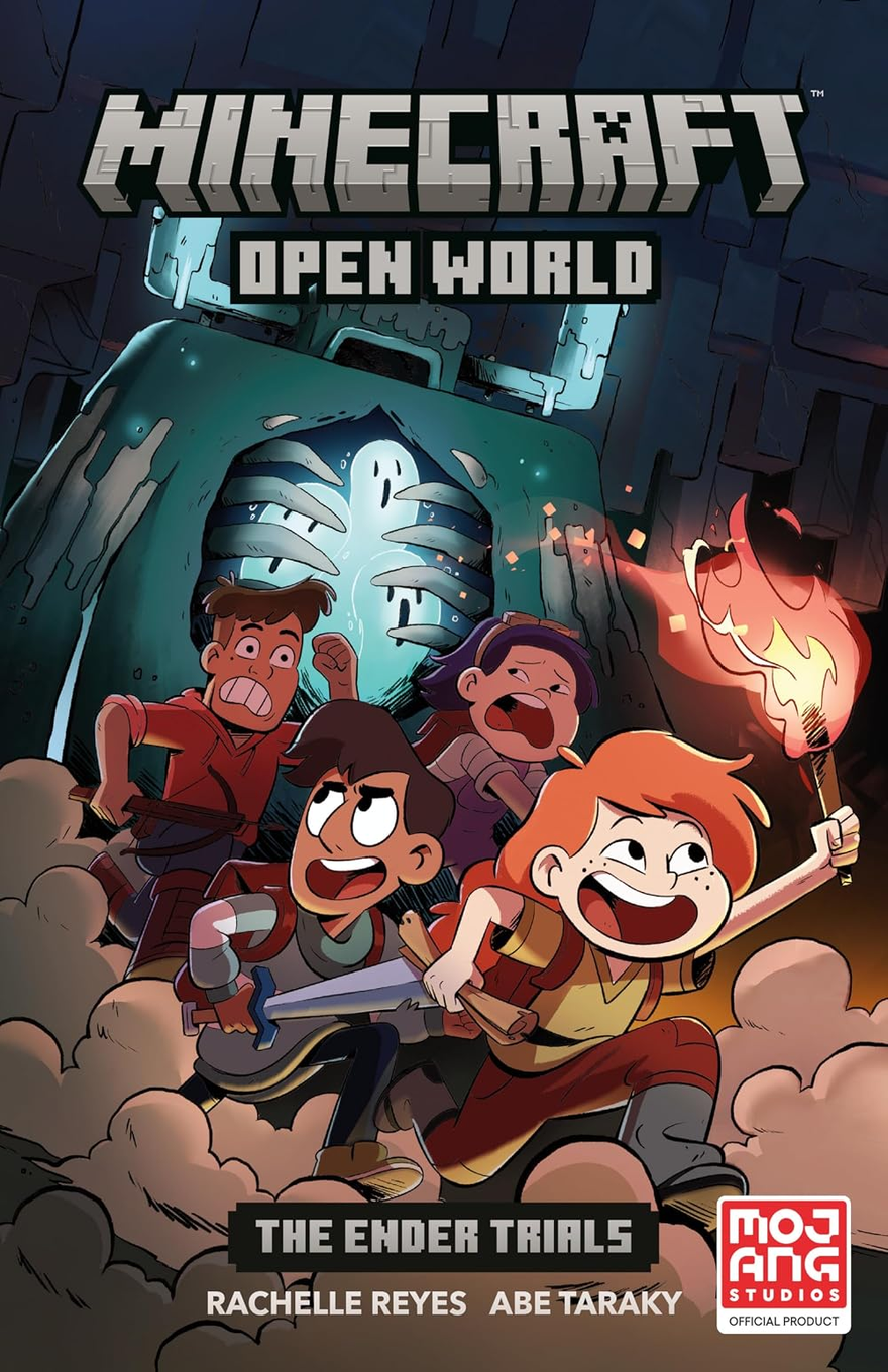 Illustrated book cover for “Minecraft Open World: The Ender Trials” by Rachelle Reyes and Abe Taraky. The top features the large gray block-style Minecraft logo with “Open World” beneath it. The artwork shows four cartoon kids running through a dark, rocky cave filled with dust clouds. Behind them is a large teal-blue blocky monster or statue with glowing ghost-like figures emerging from its mouth, creating a spooky blue light. One child in front holds a flaming torch with bright orange light, while the others look frightened or determined as they flee. The bottom displays the title “The Ender Trials” in white block letters on a black banner, the authors’ names below, and a red-and-white Mojang Studios “Official Product” logo in the lower-right corner
