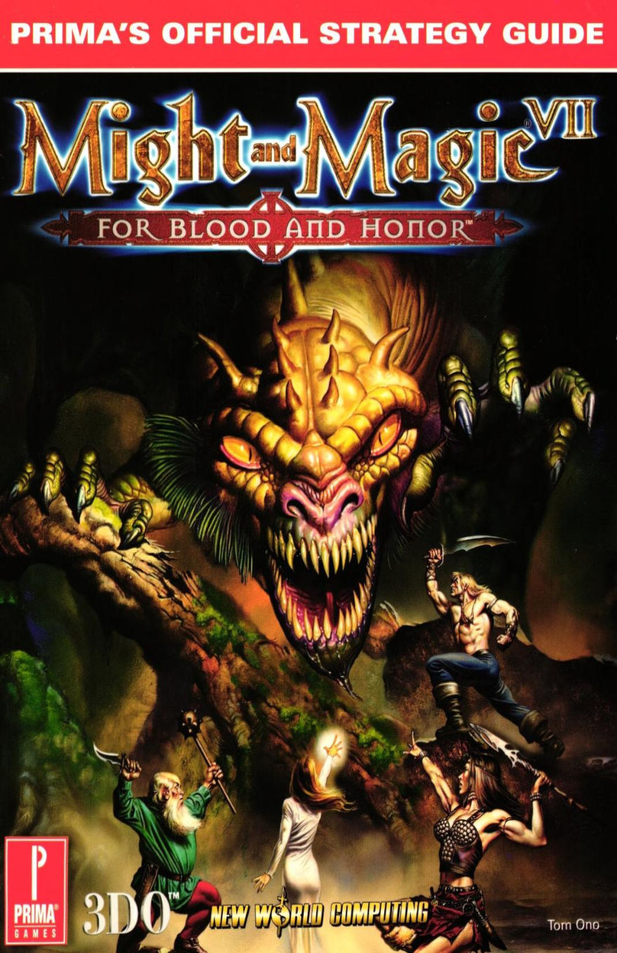 Cover of Prima's Official Strategy Guide for Might and Magic VII: For Blood and Honor. A red banner at the top reads "PRIMA'S OFFICIAL STRATEGY GUIDE." The artwork features a dramatic fantasy battle with four adventurers—a wizard, a cleric, a warrior, and a barbarian—facing off against a massive, golden dragon with glowing red eyes and sharp fangs. The title is displayed at the top in bold lettering with a red compass-like emblem. Logos for Prima Games, 3DO, and New World Computing are at the bottom, along with the name Tom Ono.