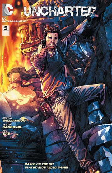 The image is the cover of issue number 5 from the "Uncharted" comic book series, produced by DC Entertainment. The cover features a dynamic illustration of the protagonist Nathan Drake, climbing up rocky terrain with a gun in his hand, aimed and ready to fire. The setting appears to be a dangerous environment with explosions and fire in the background, adding to the sense of action and adventure that is central to the Uncharted series. The art style is vivid and intense, with a focus on the character's determined expression and the perilous situation he finds himself in. The cover includes the creative team's names: Joshua Williamson, Sergio Sandoval, and Pol Gas, indicating their contributions to this issue. The bottom of the cover declares that the comic is based on the hit PlayStation video game, suggesting that the story within is connected to the video game's narrative world.