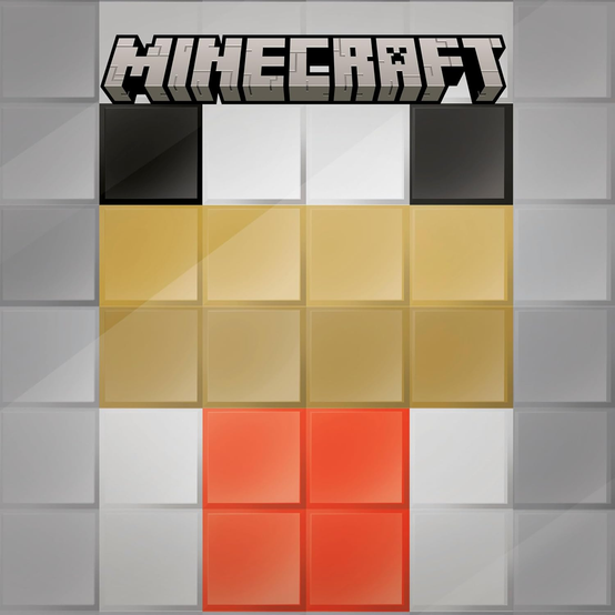 A square Minecraft-themed cover image with the large gray-and-white blocky “MINECRAFT” logo centered across the top. The background is made from glossy square tiles arranged like pixel blocks, mostly in light gray and white, forming a large stylized chicken face or body with black square eyes near the top, a wide golden-yellow beak or chest area in the middle, and a red-orange wattle or lower section near the bottom. Subtle diagonal light reflections and soft shading give the tile grid a polished, slightly three-dimensional look, while the overall design remains simple, geometric, and strongly inspired by Minecraft’s block-based visual style.