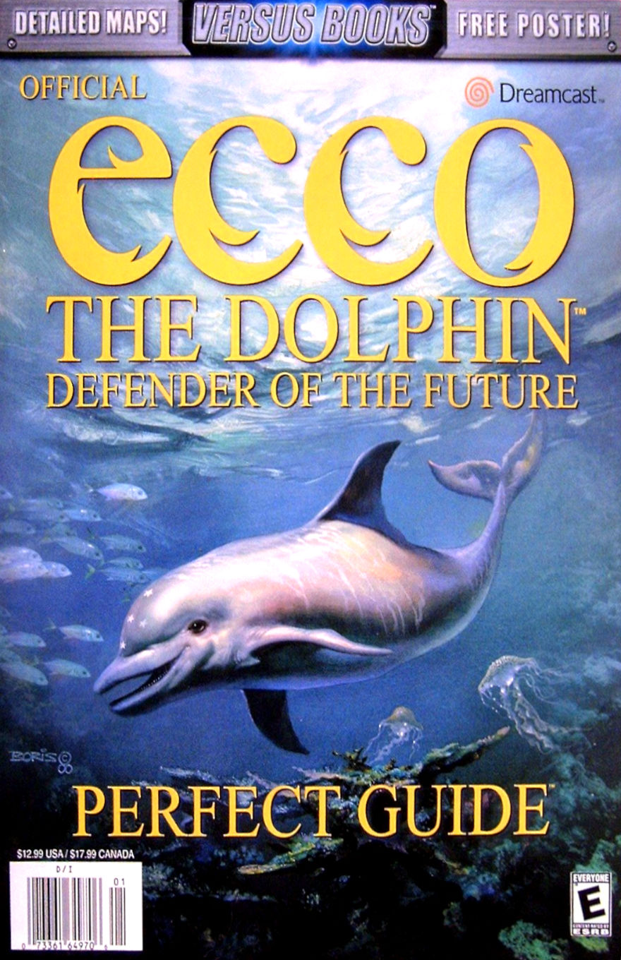 Cover of the Official Ecco the Dolphin: Defender of the Future Perfect Guide by Versus Books for the Sega Dreamcast. It features a realistic underwater illustration of Ecco, a dolphin with star-like markings on his head, swimming near jellyfish, fish, and coral. Bold yellow text displays the title, and the top banner advertises detailed maps and a free poster.
