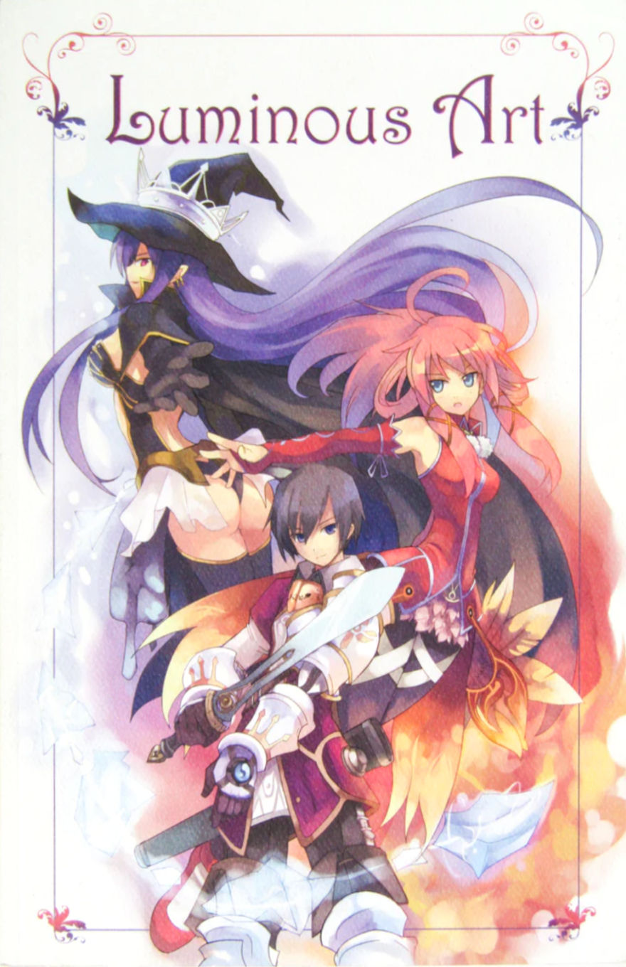 Cover of Luminous Art, featuring three anime-style fantasy characters: a dark sorceress in a witch hat and crown, a pink-haired warrior woman in a red outfit casting a spell, and a sword-wielding hero in ornate armor with blue hair. The composition blends fire and ice elements, with swirling effects and a magical, high-fantasy aesthetic.