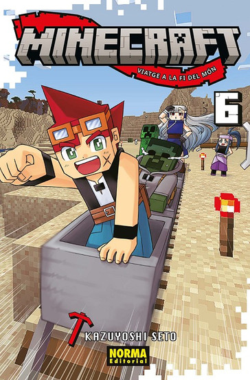 Cover of Minecraft: The Manga Volume 6 by Kazuyoshi Seto. The protagonist rides excitedly in a minecart on a fast-moving rail track across a desert biome, with a confident pose and energetic expression. Behind him, other characters—including a girl with long silver hair and a zombie-like companion—are also riding minecarts. A third character watches from the background. The classic Minecraft world elements like pixelated sand, torches, and rails are prominently featured. The title and volume number “6” are displayed in bold, blocky fonts.