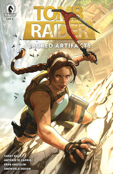 Comic book cover titled Tomb Raider: Sacred Artifacts featuring Lara Croft scaling a cliff with a red climbing axe in one hand. She wears a green tank top, fingerless gloves, and utility gear with a pistol holstered at her side. Her expression is determined, and birds fly in the background near a misty waterfall and ancient ruins. The comic is published by Dark Horse Comics and is marked as issue 1 of 4.
