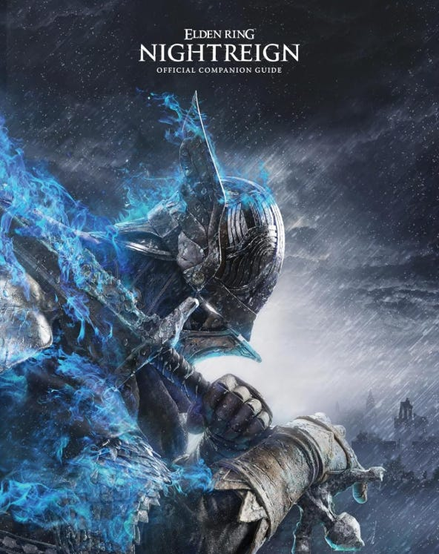 Cover art for “Elden Ring Nightreign Official Companion Guide,” with the title in small white serif text centered near the top against a dark, stormy sky. The main image shows a heavily armored knight in close-up, wearing a dark metal helmet with a narrow visor and layered plate armor, gripping a weapon near the center of the cover. Bright blue ghostly flame or magical energy swirls around the knight’s left side and across the weapon, contrasting with the gray-black background. Rain or snow streaks diagonally through the scene, adding a harsh, windswept feeling. The lower right shows part of the knight’s pale armored arm and hand, with a small distant tower or structure visible in the misty background.