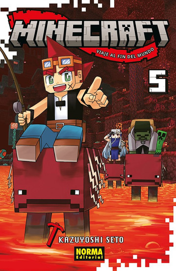 Cover of Minecraft: The Manga Volume 5 by Kazuyoshi Seto. The artwork features a blocky, anime-style character riding a Strider across a lava lake in the Nether, pointing forward enthusiastically. Behind him are other characters, including a girl with long blue hair and a zombie-like figure, also riding Striders. The background is filled with typical Minecraft Nether terrain. The bold title text and volume number “5” are prominently displayed, with pixelated design elements framing the scene.