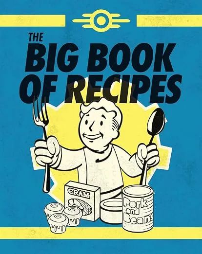 Illustrated book cover titled “The Big Book of Recipes,” designed in a retro cartoon style with a bright teal-blue background and pale yellow border accents at the top and bottom. Large bold black text at the upper left reads “The Big Book of Recipes,” partly overlapping a smiling cartoon mascot in the center. The mascot has a simple black-and-white line-drawn face and hair, wears a plain chef-like outfit, and holds a fork upright in one hand and a spoon upright in the other. In front of the figure are simplified food containers and dishes, including a box labeled “Cram,” a can labeled “Pork and Beans,” small frosted rolls or pastries, and a plate. A yellow burst shape behind the character creates a bright focal point, and a small yellow circular emblem with horizontal lines sits near the top center.