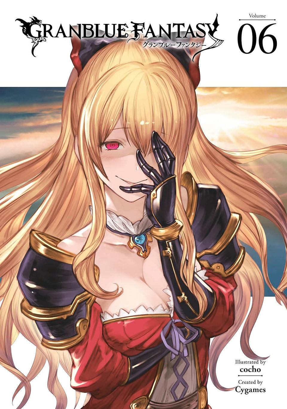 The image is the English cover of the sixth volume of a manga series titled "Granblue Fantasy," which is based on the original story by Cygames. The artwork features a close-up illustration of Vira, a woman with long blonde hair, red eyes, and wearing a detailed fantasy costume that includes a ruffled blouse, armored gloves, and a cape with gold trim. Her hand is delicately placed near her face, suggesting a pose that conveys confidence or allure.  "Granblue Fantasy" is a popular role-playing game developed by Cygames for mobile platforms and browsers, known for its rich fantasy setting and expansive story. The logo of the series is prominently displayed at the top of the cover, with a stylized font and a dragon-like creature that hints at the adventurous and mythical nature of the content.  The name "cocho" at the bottom indicates the artist responsible for the manga's illustrations. The overall design of the cover, with its focus on a character from the series, is intended to appeal to fans of the "Granblue Fantasy" game and those who enjoy fantasy manga. The cover art is typically stylized and vibrant, characteristic of manga and Japanese RPG aesthetics.