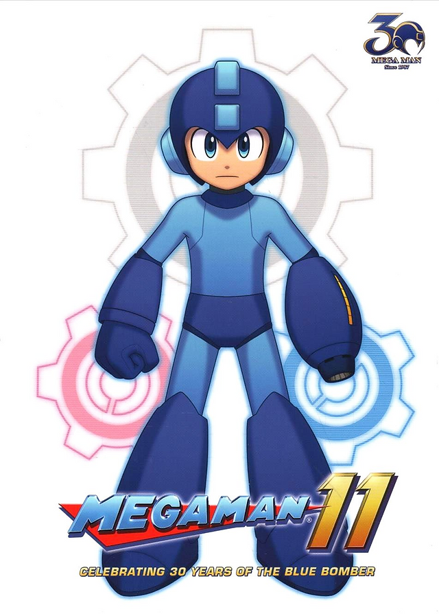 Clean white Mega Man 11 cover featuring a full-body illustration of Mega Man centered on the page, standing upright in a blue armored suit with a dark blue helmet, oversized boots, left fist, and right arm cannon. Behind him are faint gear-shaped graphics in gray, pink, and blue, giving the background a light mechanical theme. The metallic “MEGAMAN 11” logo appears across the lower center, with the number 11 in large gold lettering. Beneath the title, yellow text reads “CELEBRATING 30 YEARS OF THE BLUE BOMBER.” In the upper right corner is a small “30 Mega Man Since 1987” anniversary logo.