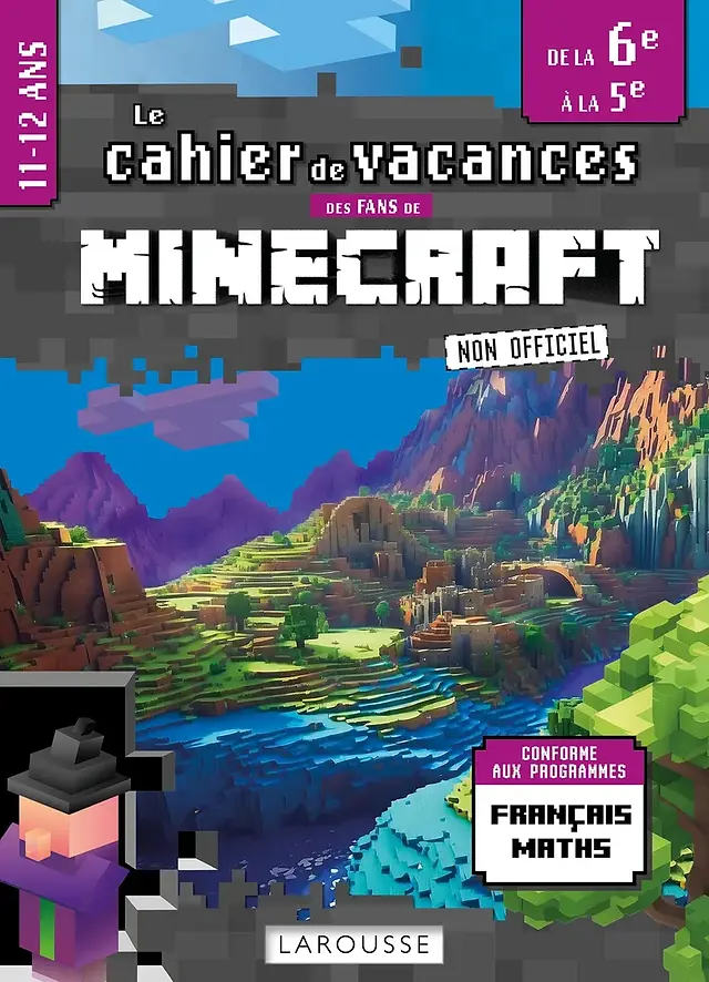 Cover of a French summer workbook titled “Le cahier de vacances des fans de Minecraft,” created for 11–12-year-olds moving from 6e (Grade 6) to 5e (Grade 7). The scene features a detailed Minecraft-style valley with rivers, cliffs, and a fortress, alongside a pixelated witch character in the bottom left. The workbook includes French and Math subjects and is labeled “non officiel.”