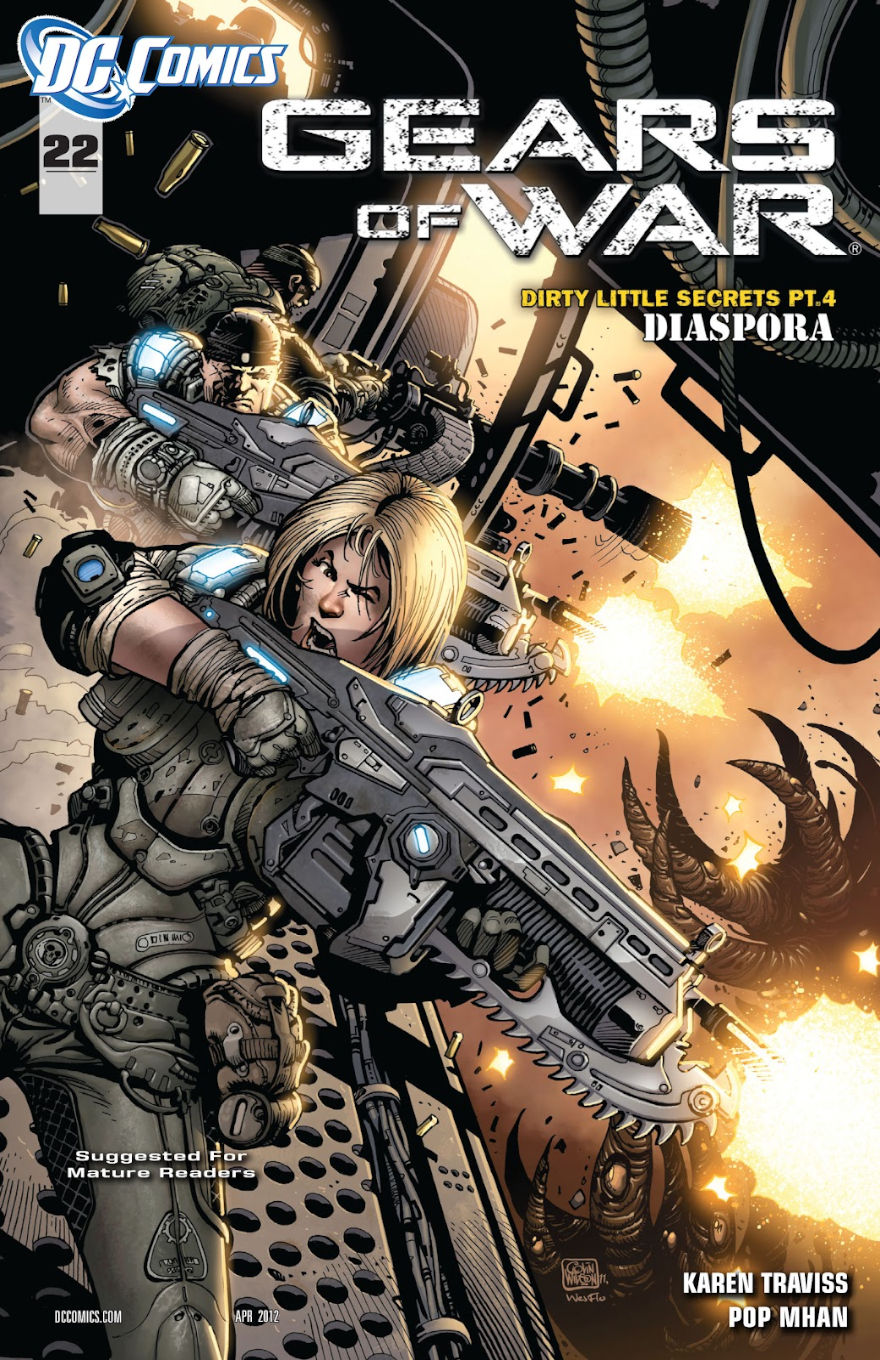 Cover of Gears of War #22, titled “Dirty Little Secrets Pt. 4: Diaspora,” shows a fierce female COG soldier leading the charge, firing a Lancer rifle amid flying bullet casings and chaos. Behind her, fellow troops unleash gunfire toward monstrous tentacles erupting from the shadows. The April 2012 issue, by Karen Traviss and Pop Mhan, is marked for mature readers.