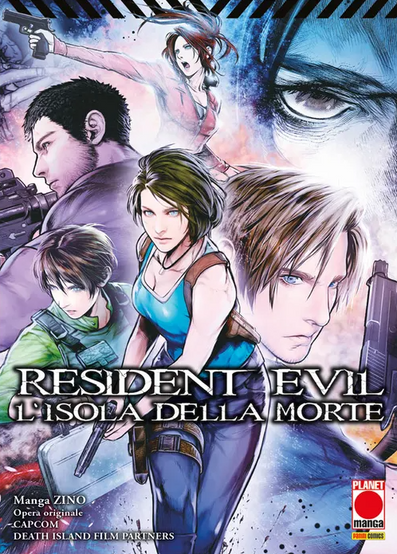 Book cover featuring a collage of Resident Evil characters in cool blue, purple, and pink tones. In the center, a woman in a blue tank top stands facing forward, while a blond man holding a handgun appears on the right, a man with a rifle faces left on the upper left, a woman in a red jacket points a gun near the top, and another short-haired character in green crouches at the lower left with a pistol and case. A large close-up of one eye fills the upper right background. Across the lower middle, the title reads “RESIDENT EVIL L’ISOLA DELLA MORTE.” At the lower left, smaller text reads “Manga ZINO,” “Opera originale CAPCOM,” and “DEATH ISLAND FILM PARTNERS.” At the lower right is the “PLANET manga” logo with “PANINI COMICS” below it.