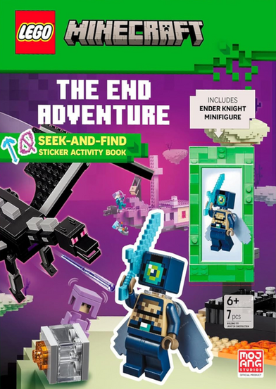The cover features a vibrant LEGO Minecraft design with a bright green header displaying the LEGO logo and the “MINECRAFT” title in bold, blocky gray lettering. The main title, “THE END ADVENTURE,” appears in large white pixel-style text against a purple gradient background inspired by the End dimension. A green banner reads “SEEK-AND-FIND STICKER ACTIVITY BOOK,” accompanied by small tool icons. The scene includes a dynamic mix of LEGO elements: a black Ender Dragon flying on the left, floating End islands in the background, and action scenes with small minifigures. In the foreground, a prominent Ender Knight minifigure holds a bright blue sword, with an additional image of the same figure displayed in a green frame labeled “INCLUDES ENDER KNIGHT MINIFIGURE.” Additional details include a “6+” age label, a “7 pcs” note, and the Mojang Studios logo in the bottom right corner, reinforcing it as an official product.
