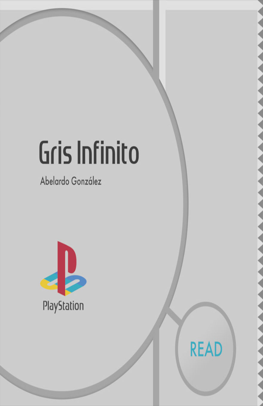 Minimalist cover titled Gris Infinito by Abelardo González, featuring a light gray geometric design with overlapping circular shapes. The PlayStation logo appears beneath the title, and a small blue “READ” button is shown in a circle on the lower right, giving the layout a clean, modern interface style.
