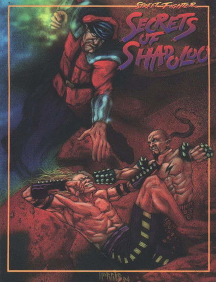Cover of Street Fighter: Secrets of Shadoloo showing M. Bison reaching down from a rocky ledge with a menacing glare, while two muscular fighters clash below him in a brutal brawl. The background is awash in deep reds and purples, emphasizing the dark, underground theme of the Shadoloo organization.
