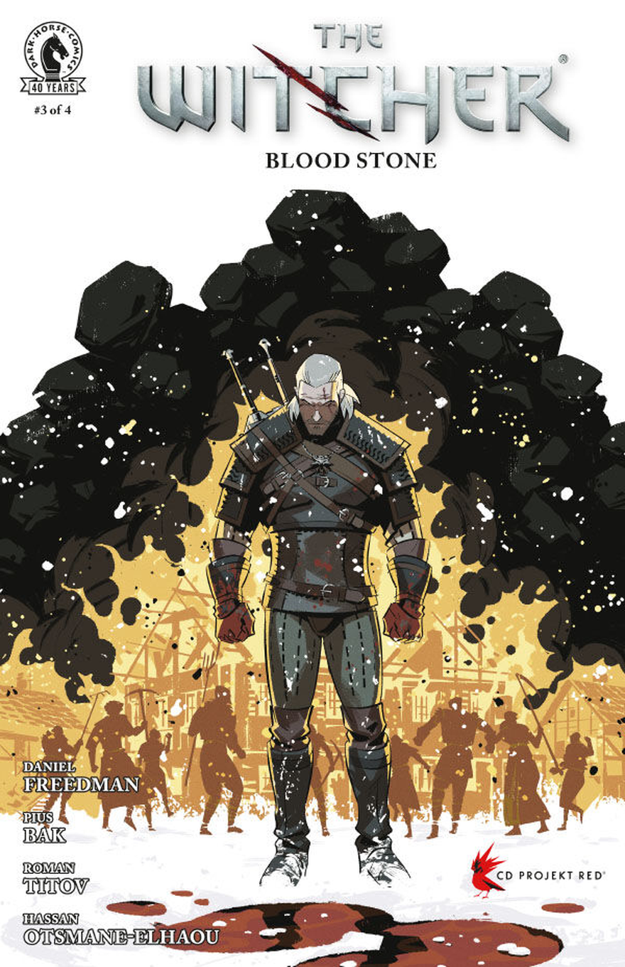 Comic book cover for “The Witcher: Blood Stone,” issue #3 of 4 from Dark Horse Comics, with the series title in large metallic silver letters at the top and a red claw-like slash cutting through the word “Witcher.” Beneath the title, a white-haired warrior with pale skin stands centered in dark leather and metal armor, wearing crossed chest straps, shoulder plates, gauntlets, tall boots, and two swords strapped across his back. He faces forward with a stern expression, fists clenched in red gloves, surrounded by blowing snow and flecks of debris. Behind him, a dramatic mass of black smoke and jagged dark rocks rises overhead, framing a burning yellow-orange village scene filled with shadowy figures holding weapons and moving through the background. The lower foreground shows snow stained with dark red blood, while creator names appear along the left side and the CD Projekt Red logo appears near the lower right.