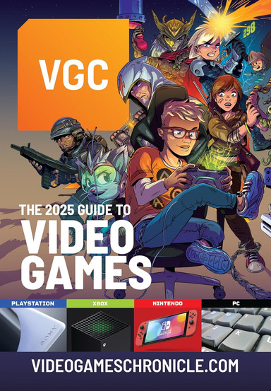 Cover of VGC – The 2025 Guide to Video Games featuring a dynamic illustration of a young gamer in glasses playing on a handheld console, surrounded by vibrant characters from various game genres like sci-fi soldiers, fantasy warriors, and adventurers. The background includes logos for PlayStation, Xbox, Nintendo, and PC, with the tagline “videogameschronicle.com” at the bottom.
