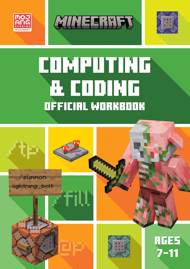 The cover features a bright green Minecraft-themed layout with a structured grid of colorful square panels. At the top are the Mojang Studios logo, the iconic “MINECRAFT” title in its blocky pixel font, and a small pixel-art command block icon. Centered prominently is bold white text with a long shadow reading “COMPUTING & CODING OFFICIAL WORKBOOK.” The grid includes programming-related elements such as symbols, command block visuals, and stylized text snippets, including a visible command “/summon lightning_bolt” displayed on a sign attached to a command block. In the foreground stands a zombified piglin holding a golden sword, rendered in Minecraft’s distinctive blocky style. The lower section also includes additional command block icons and the label “AGES 7–11.” The overall design blends coding concepts with recognizable Minecraft imagery, creating an engaging educational cover focused on programming basics.