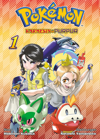 German cover of Pokémon Scarlet & Violet manga volume 1 showing two main characters holding up cloth bundles, standing confidently in front of the futuristic Pokémon Miraidon. The girl on the left has a serious expression and braided hair, while the blond boy on the right wears a crown and grins playfully, with a red Rotom Phone floating nearby. Sprigatito and Fuecoco, the grass and fire-type starter Pokémon, leap toward the viewer; background is a dynamic red-to-yellow gradient with the series title and credits: "Story: Hidenori Kusaka, Art: Satoshi Yamamoto."