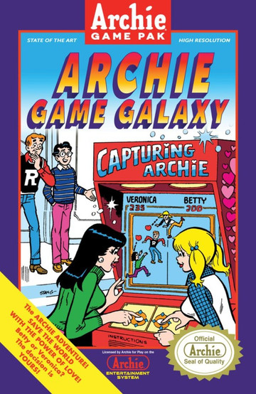 Retro-themed cover titled “Archie Game Galaxy – Archie Game Pak.” Betty and Veronica play an arcade machine called “Capturing Archie,” with scores displayed on screen. Archie and Jughead stand nearby watching. The design mimics classic video game packaging with bright colors, instruction text, and an “Official Archie Seal of Quality” badge.