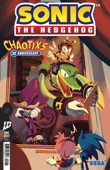 Cover RI of the Sonic the Hedgehog: Chaotix's 30th Anniversary one-shot comic by IDW, priced at $5.99. The artwork shows Sonic and Amy gazing in awe at a dramatic portrait of Team Chaotix—Vector the Crocodile writing on a notepad, Charmy Bee flying above, and Espio the Chameleon striking a stealthy pose. The painting-style cover adds a warm, nostalgic tone with a rich, storybook feel.