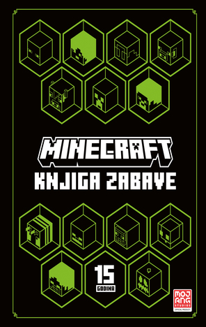 The cover features a sleek, dark background with a neon green futuristic design centered around the bold white “MINECRAFT” logo and the subtitle “ANNUAL 2025.” Surrounding the text are multiple glowing hexagonal frames arranged in rows, each containing minimalist, line-art style Minecraft blocks and mob faces rendered in bright green, including recognizable shapes like creepers, terrain blocks, and structures. At the bottom center, a hexagon highlights “15 YEARS,” celebrating the game’s anniversary. The layout is symmetrical and highly geometric, with a thin neon green border framing the entire cover, giving it a modern, digital, almost sci-fi aesthetic. In the lower right corner, the Mojang Studios logo appears in red and white, marking it as an official product.