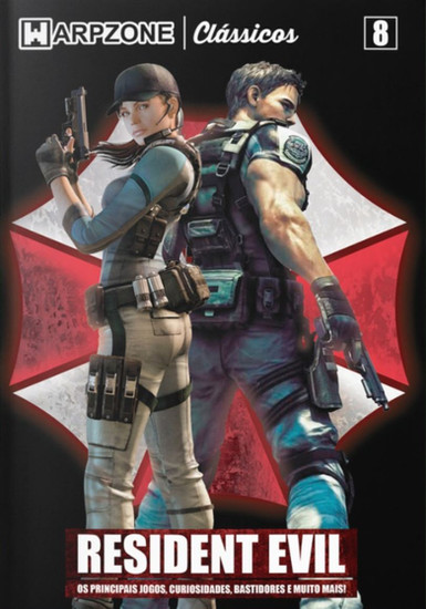 The image is a cover for a publication about the video game series "Resident Evil," featured in what appears to be a special issue of a magazine or book series called "HARPZONE Clássicos." The number 8 in the top right corner suggests that this is the eighth issue in the series. The cover art showcases two characters from the "Resident Evil" series, both in combat gear, with a female character in the foreground holding a handgun and a male character in the background also armed with a gun. They appear to be ready for action, standing back-to-back against a stylized red star, which is part of the iconic logo for the "Resident Evil" series. The title "RESIDENT EVIL" is written in bold, red letters at the bottom of the cover, and below it is a tagline in Portuguese that translates to "The main games, curiosities, behind the scenes and much more!" This indicates that the content includes a variety of information about the "Resident Evil" franchise, such as details about the games, interesting facts, and a look at the development process behind the series.
