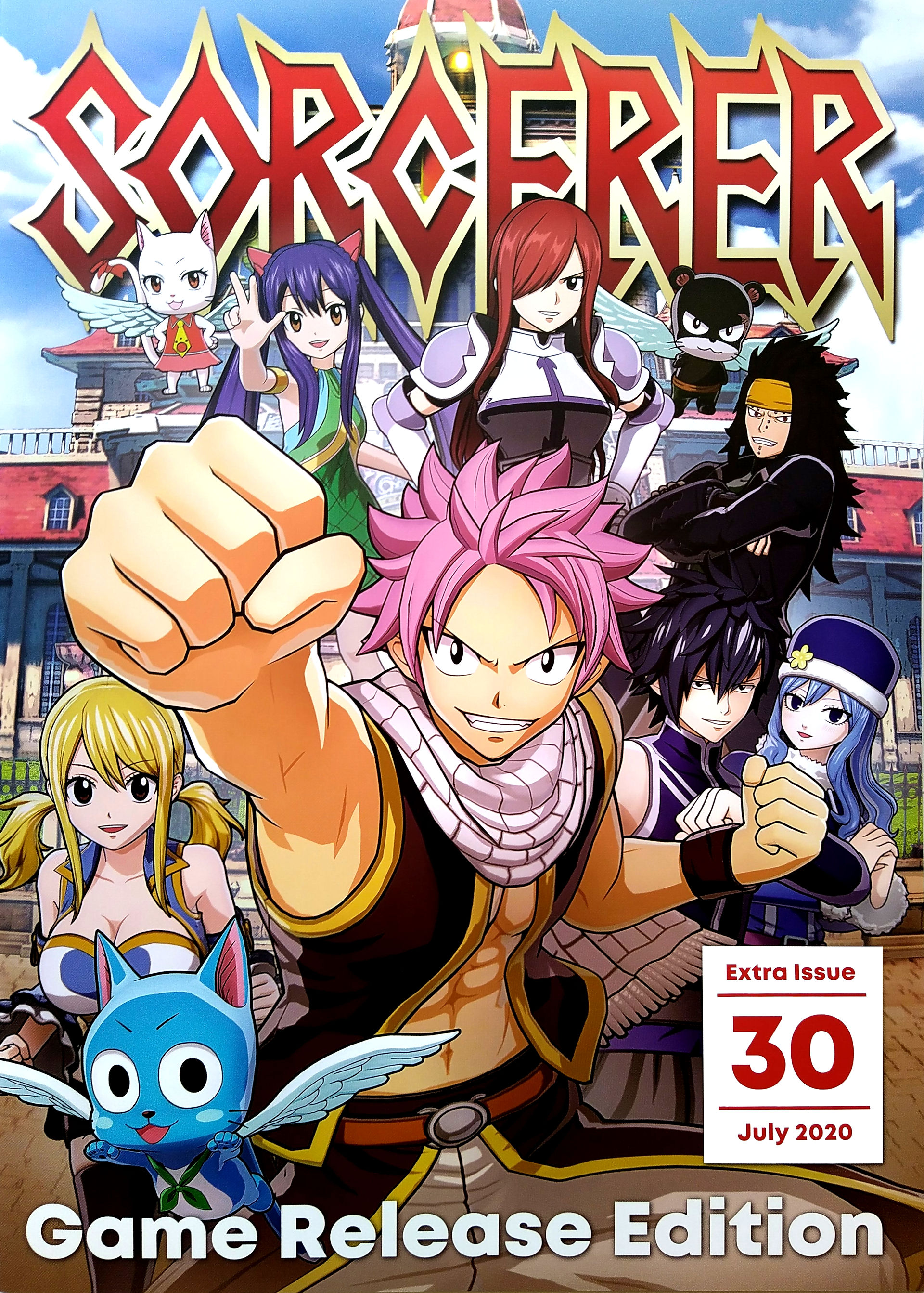 Cover of Sorcerer Magazine Special Game Release Edition, featuring characters from Fairy Tail. Natsu Dragneel is in the foreground with a determined expression, clenched fist extended forward. Behind him are Lucy Heartfilia, Gray Fullbuster, Erza Scarlet, Wendy Marvell, Gajeel Redfox, and Juvia Lockser, along with the Exceeds Happy, Carla, and Panther Lily. The background showcases the Fairy Tail guild hall. The magazine title "SORCERER" is in bold red letters with a gold outline, and a red-bordered box in the lower right corner indicates it is "Extra Issue 30, July 2020."