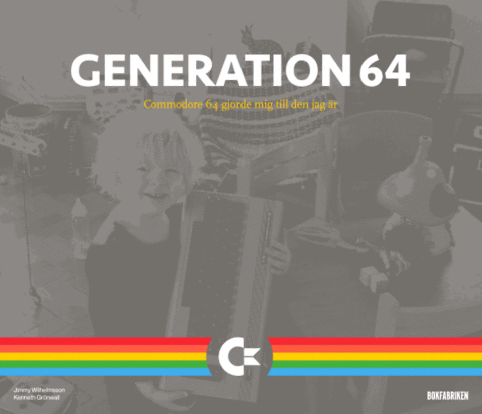 The image is the cover of the book titled "GENERATION 64: The story of how the Commodore 64 inspired a generation of Swedish gamers." The cover shows a grayscale photo of a child in the background, looking at the camera with a smile, likely engaged in playing a video game. The photo is overlaid with a translucent green tint.  The title "GENERATION 64" is prominently displayed in large, bold white lettering at the top of the cover. Below the title is a subtitle in a smaller font, providing context to the title by explaining the book's focus on the Commodore 64's impact on Swedish gaming culture.  At the bottom of the cover, there are three colored stripes in blue, yellow, and red, which might be a nod to the Commodore logo's color scheme. The authors' names, "Jimmy Wilhelmsson" and "Kenneth Grönwall," are listed above the stripes, indicating their contribution to the book.  On the bottom right, the Bitmap Books logo is visible, and "English edition" is noted, suggesting that this is an English language version of the book, likely translated from Swedish. The overall design of the cover communicates a sense of nostalgia and historical exploration into the gaming phenomenon brought about by the Commodore 64 in Sweden.