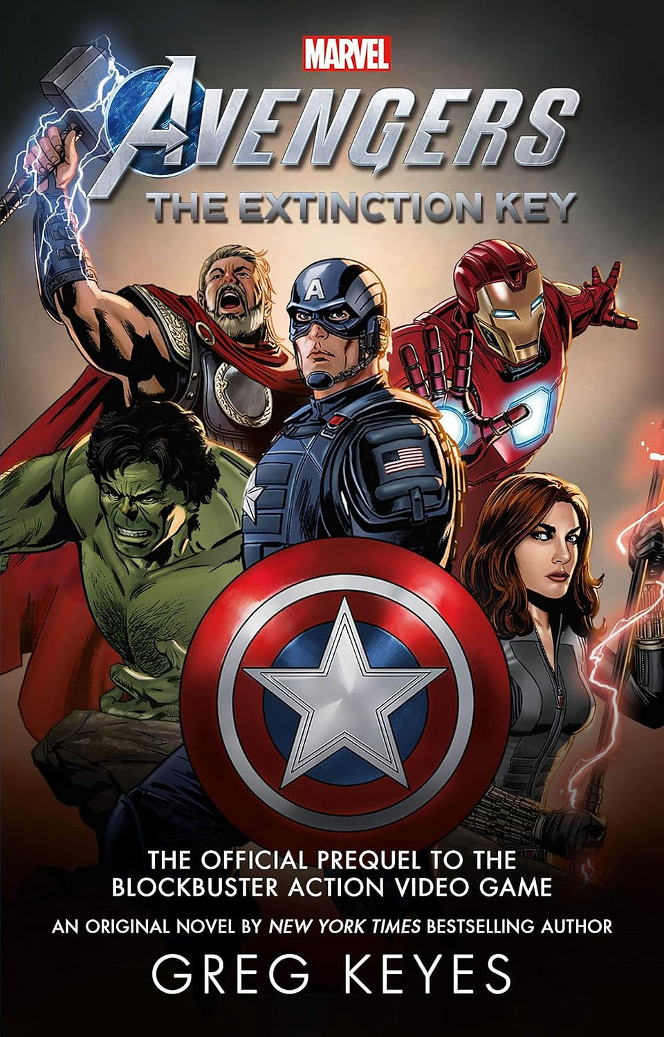 The image showcases the cover of a Marvel novel called "Avengers: The Extinction Key." The cover art is action-packed and features several iconic Avengers characters in their classic poses ready for battle. Thor is positioned at the top left, wielding his hammer Mjolnir, which is crackling with lightning. Iron Man is to the right, depicted mid-flight with repulsor beams ready to fire from his palms. Below them, Captain America is front and center, holding his iconic shield. Each character is rendered in great detail, suggesting a high-stakes adventure typical of the Avengers franchise.  The cover also contains text that provides further context. It states that this novel is the official prequel to a blockbuster action video game, hinting at a narrative connection to a gaming experience. The author, Greg Keyes, is noted as a New York Times bestselling author, adding a degree of literary prestige to the novel. The design suggests a thrilling read for fans of the Avengers and the Marvel universe, promising to delve into a story that sets the stage for further adventures in the gaming realm.