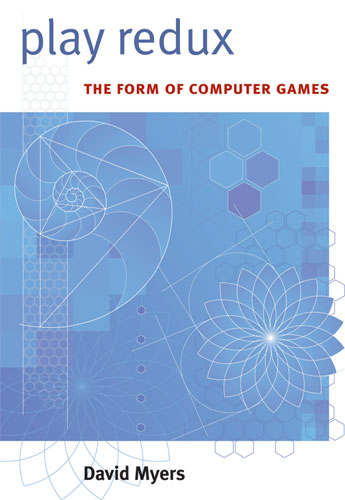 The image is the cover of a book titled "Play Redux: The Form of Computer Games" by David Myers. The cover design is modern and abstract, with various geometric and organic shapes overlaid on a gradient blue background. The shapes include hexagons and spirals, which may represent the complexity and interconnectedness of computer games as a subject of study.  The title "play redux" is prominently displayed in lowercase letters with a contrasting orange color for the word "play," while the subtitle "THE FORM OF COMPUTER GAMES" is in a smaller, capitalized font, indicating the focus of the book on the structure and essence of computer games.  The author's name, David Myers, is placed at the bottom of the cover in a simple white font. The overall design of the cover is clean and suggests that the content within is analytical and explores the foundational elements of computer game design and theory. The cover is likely to appeal to readers interested in game studies, design, and the academic analysis of digital games.