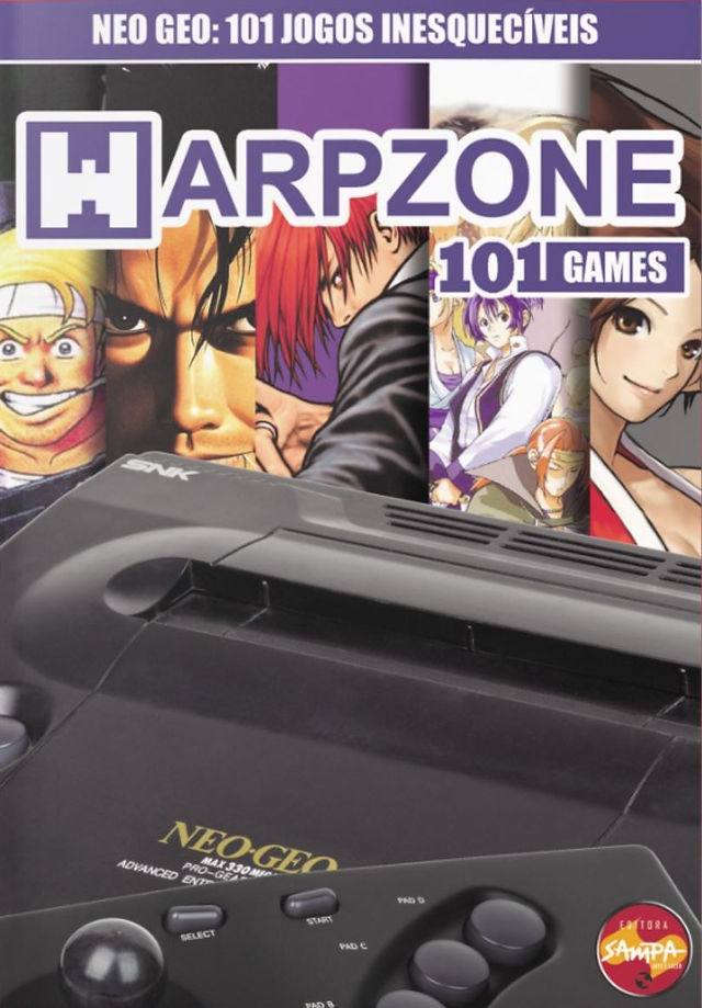 The image is the cover of a book titled "NEO GEO: 101 JOGOS INESQUECÍVEIS," which translates to "NEO GEO: 101 UNFORGETTABLE GAMES." The cover features an image of the Neo Geo AES (Advanced Entertainment System) console, which was known for its powerful hardware and arcade-quality games.  Above the console, a collage showcases the faces of various characters from Neo Geo games. These characters represent some of the memorable titles that were available on the platform, which was renowned for its fighting games and other arcade genres.  The title "HARPZONE 101 GAMES" is prominently placed across the top of the cover, suggesting that the book is part of the "HARPZONE" series, which likely covers noteworthy games across different gaming systems.  In the bottom right corner, there is a logo for "Editora Sampa," signifying the company that published this book. The design of the cover, with its focus on the Neo Geo console and the inclusion of game characters, aims to evoke nostalgia among fans and collectors who appreciate the legacy of the Neo Geo and its contribution to gaming history.