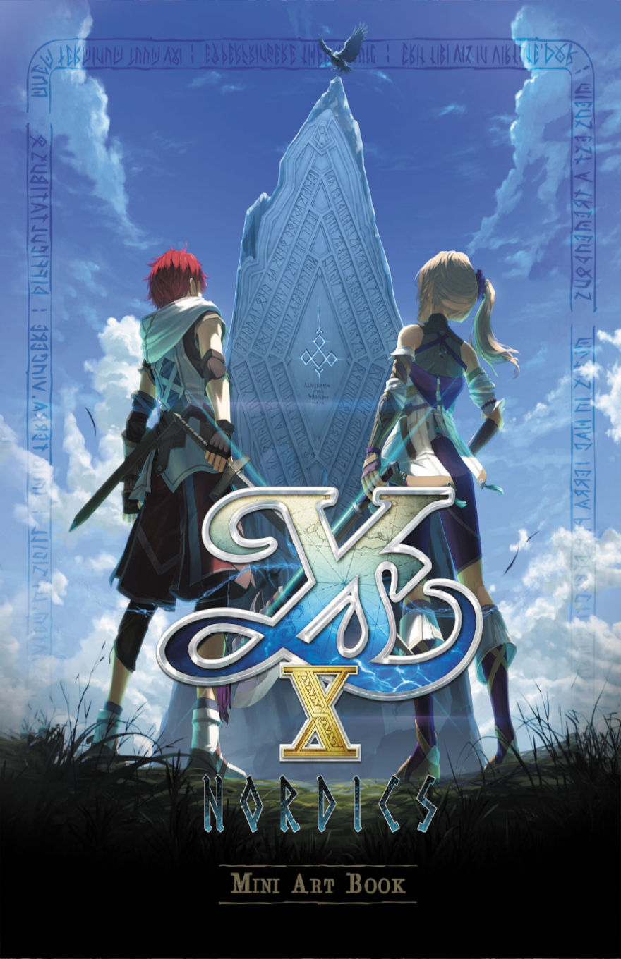 Cover of the Ys X: Nordics Mini Art Book, featuring two protagonists standing before a massive, rune-inscribed monolith under a bright blue sky. The character on the left has red hair and wields a sword, while the character on the right has long blonde hair and wears a blue and white outfit. A raven perches atop the monolith, adding to the mysterious atmosphere. The game's title is prominently displayed in metallic, stylized lettering, blending Norse-inspired aesthetics with the fantasy adventure theme of the Ys series.