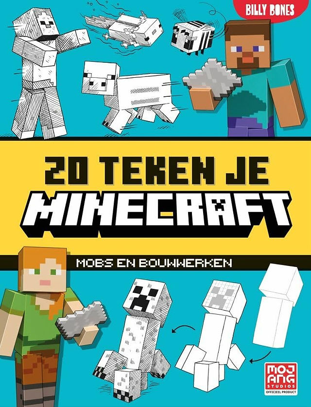 Dutch-language Zo Teken Je Minecraft cover, showing Steve and Alex with sketched Minecraft mobs and building shapes. The teal and yellow cover highlights drawing mobs and structures, with Billy Bones and Mojang Studios branding.