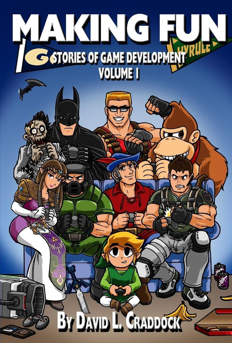 The image is the cover of "Making Fun: Stories of Game Development - Volume I," a book by David L. Craddock. The cover art is vibrant and cartoonish, featuring a variety of characters that are recognizable from popular video games. These characters are depicted in a style that suggests they are part of an ensemble cast, perhaps to symbolize the diverse and collaborative nature of game development.  In the center foreground, a character with elf-like features, dressed in green attire, is sitting and holding a video game controller, which could be a representation of the player's connection to the gaming world. Surrounding this central character are other game characters, each from different gaming genres, hinting at the breadth of video game history and culture.  The background is a bright blue sky, and the title of the book is displayed prominently at the top in bold letters, with the subtitle below it. The cover suggests that the book will explore various aspects and stories behind video game development, as seen through the lens of the characters and worlds that have become iconic in the gaming industry.