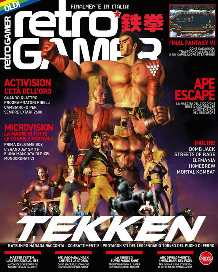 Italian cover of Retro Gamer magazine, Volume 3, featuring characters from the original Tekken game in a dynamic group pose with bold lighting. The issue highlights classic titles like Final Fantasy VI, Ape Escape, and Streets of Rage, with side features on gaming history topics such as the golden age of Activision and the early handheld console Microvision.