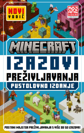 Cover of Minecraft Survival Challenges: The Adventure Edition, a Mojang Studios official product. The cover features a pixelated, blocky Minecraft aesthetic with various in-game characters and creatures, including Steve, Alex, a Creeper, a villager, a pillager, and animals like llamas and chickens. The text highlights that this book includes over 50 survival challenges to help players become a survival expert. A “Brand New Series” label appears in the top left corner, emphasizing its fresh content.