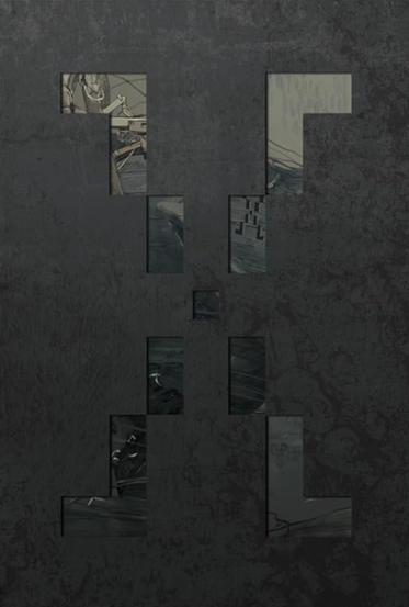 A dark, textured cover dominated by a charcoal-gray surface features a series of rectangular cutouts arranged to form a pixelated, face-like pattern reminiscent of a blocky character; through these cutouts, muted scenes are visible beneath, including fragments of mechanical elements, dimly lit environments, and shadowy figures, all rendered in subdued tones of gray and blue, giving a layered, collage-like effect; the overall design is minimalistic yet mysterious, with the rough surface texture contrasting against the glimpses of detailed imagery below, creating a sense of depth and intrigue without any visible title text.