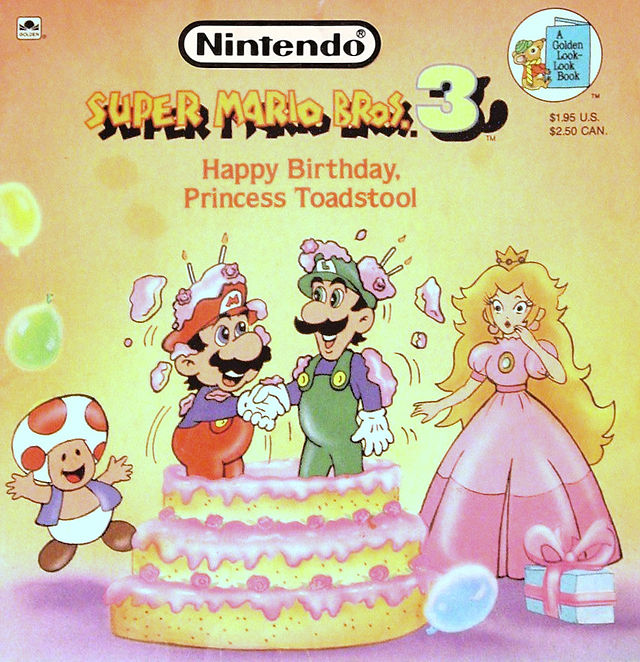 The image is the cover of a children's book titled "Super Mario Bros. 3: Happy Birthday, Princess Toadstool," which is part of the "A Golden Look-Look Book" series. The cover features prominent characters from the Nintendo video game franchise: Mario and Luigi, the plumber brothers; Princess Toadstool (also known as Princess Peach); and Toad, a recurring character in the series.  The scene is a festive celebration with Mario and Luigi standing behind a large birthday cake adorned with pink icing and decorative elements. Both are wearing party hats and appear to be cheering, with Mario clapping his hands together and Luigi throwing his hands up happily.  Princess Toadstool stands to the right, wearing her traditional pink dress and crown, with a look of surprise and delight on her face as she gazes at the cake and the festivities. Next to her is a wrapped birthday gift, suggesting that it's a special occasion for the princess.  Toad is shown jumping joyfully in the bottom left corner of the cover, adding to the celebratory atmosphere. The background is filled with confetti and balloons, emphasizing the birthday party theme.  The cover art is designed in a bright and colorful style, capturing the cheerful and friendly essence of the Super Mario series. It's meant to attract young readers who are fans of these characters and enjoy stories that involve adventure and celebration. The pricing information indicates that the book was available for purchase in both the U.S. and Canada.