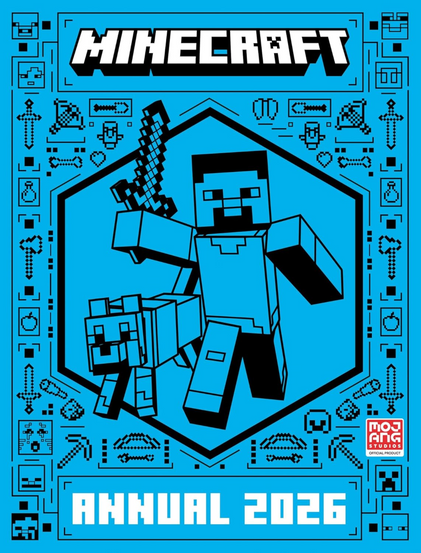 The cover features a bold, monochromatic cyan-blue background with black line-art illustrations in a clean, graphic style. Centered is the iconic Minecraft character Steve, depicted in a simplified blocky outline holding a raised sword, accompanied by a wolf at his side. Both figures are enclosed within a thick hexagonal frame, giving the composition a structured, emblem-like feel. Surrounding the central image is a decorative border filled with small pixel-style icons—tools like swords and pickaxes, hearts, potions, and various Minecraft symbols—arranged symmetrically along all sides. At the top, the classic “MINECRAFT” logo appears in large white block letters with a black outline, while at the bottom, “ANNUAL 2026” is displayed in bold white text inside a rectangular panel. The Mojang Studios logo sits in the lower right corner, confirming it as an official product.