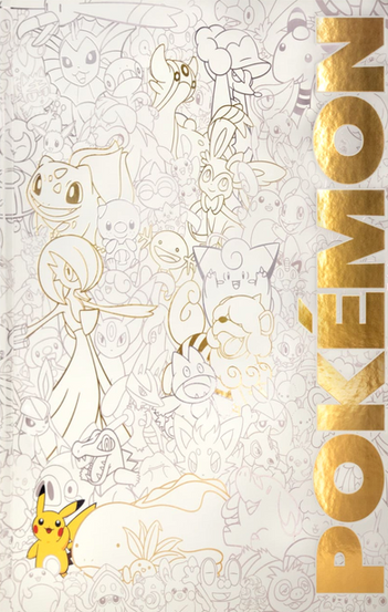 A bright white Pokémon cover with a dense collage of many Pokémon drawn in fine pale gray line art across the entire background, creating a celebratory pattern of recognizable creatures in different poses. On the far right, the word “POKEMON” appears vertically in large metallic gold block letters with a reflective foil-like texture. Near the lower left, Pikachu is the only fully colored character, shown in yellow with red cheeks, standing beside a large white outlined Pokémon shape and looking outward with a cheerful expression. Several Pokémon outlines in the main collage are accented with subtle gold line work, while the overall design feels clean, collectible, and premium, using white space, soft gray illustration, and shiny gold typography to emphasize the Pokémon brand.