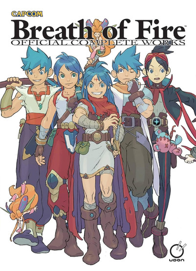 The image is the cover art for a publication titled "Breath of Fire OFFICIAL COMPLETE WORKS," which is a compendium or art book for the "Breath of Fire" video game series. The series is developed by Capcom, a well-known video game developer and publisher. The cover features 5 versions of Ryu, the main protagonist in a dynamic pose, suggesting they are ready for adventure or action. Each version has unique attire and hairstyles, but alwways with blue hair. Their clothing is inspired by classic fantasy or RPG (Role-Playing Game) elements, with capes, belts, boots, and other accessories that are typical in such games. One version prominently holds a staff, while another has a bright smile and confident pose, the character to the right seems more serious and contemplative, and the one in the back has a protective stance. The title "Breath of Fire" is displayed at the top in a stylized font that fits the fantasy setting of the games. Below the main title, "OFFICIAL COMPLETE WORKS" suggests that this publication is an authoritative source of information and artwork on the series. At the bottom right corner, there is a logo reading "UDON," which is the name of the company that published this art book. UDON Entertainment is known for publishing art books, manga, and graphic novels, often related to video games and pop culture. The "Breath of Fire" series is a collection of RPGs that originated in the early 1990s and has seen several installments released on various gaming platforms. It has a dedicated fan base and is known for its intricate storytelling, well-developed characters, and fantasy worlds. This book likely contains illustrations, character designs, and other behind-the-scenes content that would appeal to fans and enthusiasts of the series.