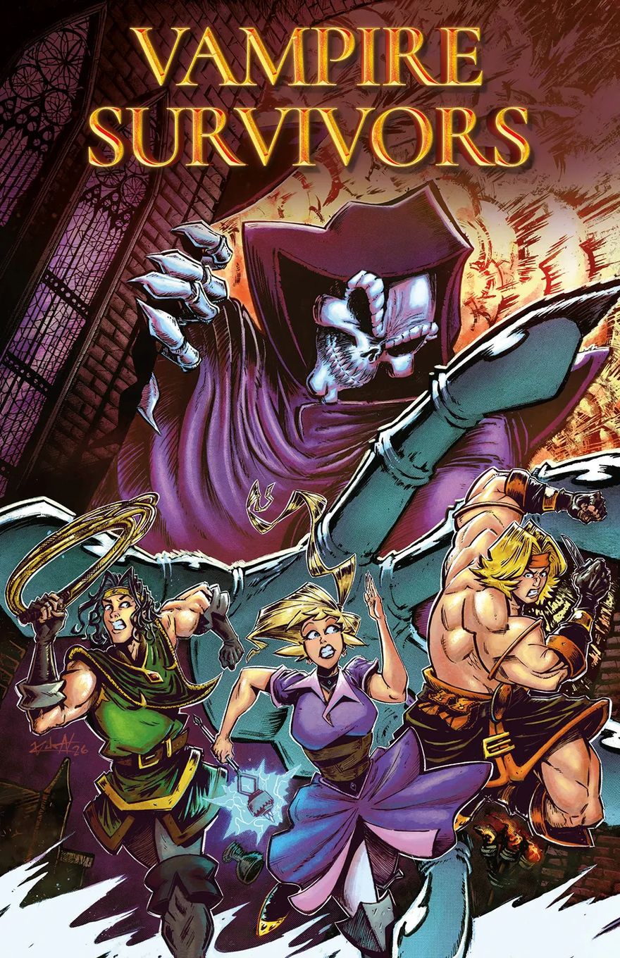 Illustrated comic-style cover titled “Vampire Survivors,” with the title in large gold-and-red serif letters across the top. The background shows a dark gothic setting with stained-glass windows, rough brick textures, and a huge hooded skeletal vampire figure in purple robes looming behind the heroes, raising a clawed hand. In the foreground, three adventurers run toward the viewer: a muscular dark-haired fighter in green holding a whip or ringed weapon on the left, a blonde woman in a purple dress at center looking alarmed while holding a small crackling electric object, and a muscular blond warrior on the right turning with clenched fists and weapons. The composition uses dramatic comic shading, purple and orange lighting, and jagged white motion shapes along the bottom.