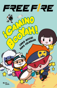 Spanish Free Fire coloring book cover titled “¡Camino Booyah! Libro oficial para colorear,” with a pale mint green background and a large black “FREE FIRE” logo at the top featuring a yellow knife-shaped symbol in the lettering. The main title “¡CAMINO BOOYAH!” appears in big rounded yellow letters with a green outline, angled playfully across the upper middle, with smaller black text below reading “LIBRO OFICIAL PARA COLOREAR.” The foreground shows cute chibi-style Free Fire characters running and leaping through cartoon clouds and stars, including a character with orange hair and red sunglasses in front, a round white animal-like character wearing a headset, a cheerful white yeti-like character, and a small girl in yellow on the right. A tiny robotic pet floats near the upper left, and the Planeta Junior logo appears near the bottom left.