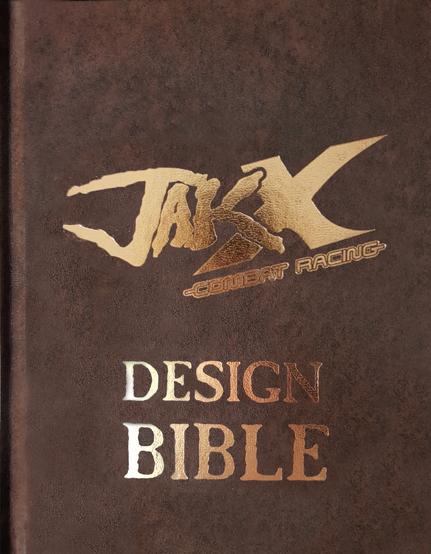 The cover of the Jak X: Combat Racing Design Bible, a development document for Jak X: Combat Racing, features a brown leather-like texture with embossed gold lettering. The game's stylized logo, "Jak X: Combat Racing," is prominently displayed at the top in metallic gold, with the words "DESIGN BIBLE" below in a bold serif font. The cover design gives the book an official and archival feel, resembling a treasured reference from the game's development.