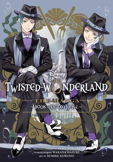 Cover of Disney Twisted-Wonderland: The Manga – Book of Octavinelle Volume 2 (English edition). The artwork is identical to the Japanese version, featuring the Leech twins, Jade and Floyd, in formal attire with a marine-themed backdrop, but the title and credits are in English with gold accent fonts for “The Manga.”