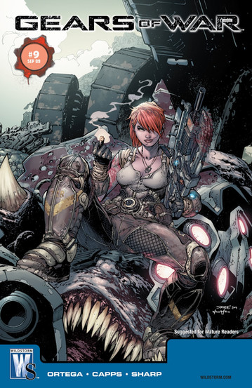 Cover of Gears of War Issue #9, September 2009, showing a confident, red-haired female soldier in futuristic armor sitting atop a slain, monstrous creature with massive teeth and glowing eyes. She casually lights a cigar with a smirk while holding a large, high-tech rifle, framed by the colossal wheels of a war machine behind her, symbolizing dominance and post-battle triumph.